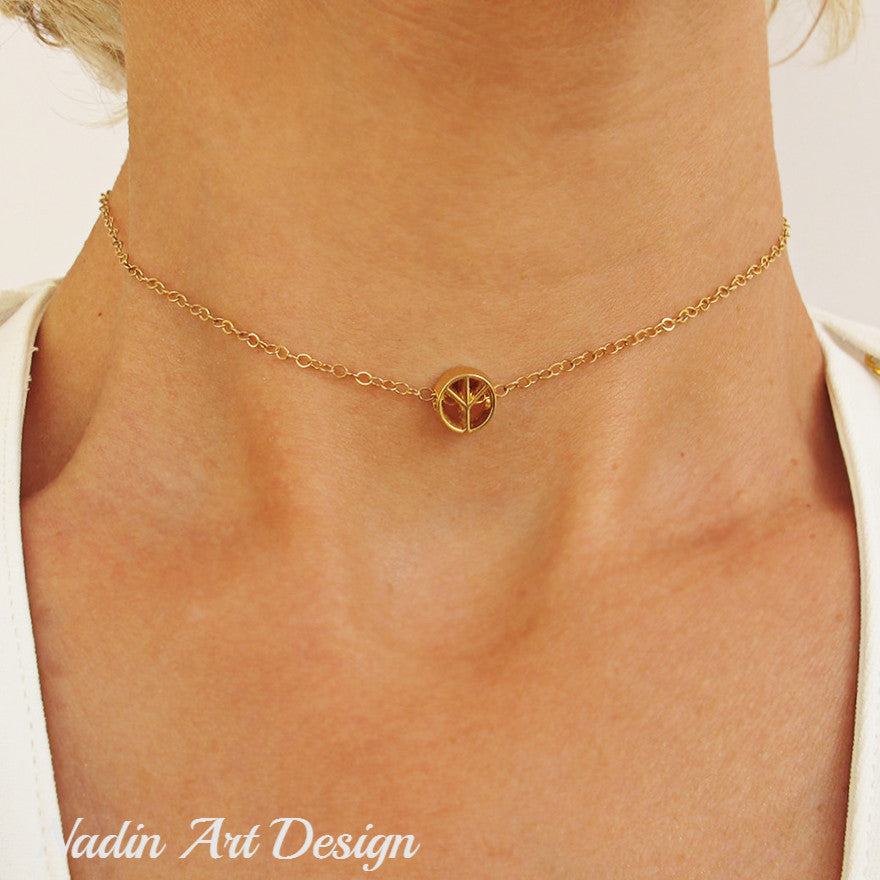 Peace Pendant - Gold Filled Choker - Minimalist Necklace - free shipping