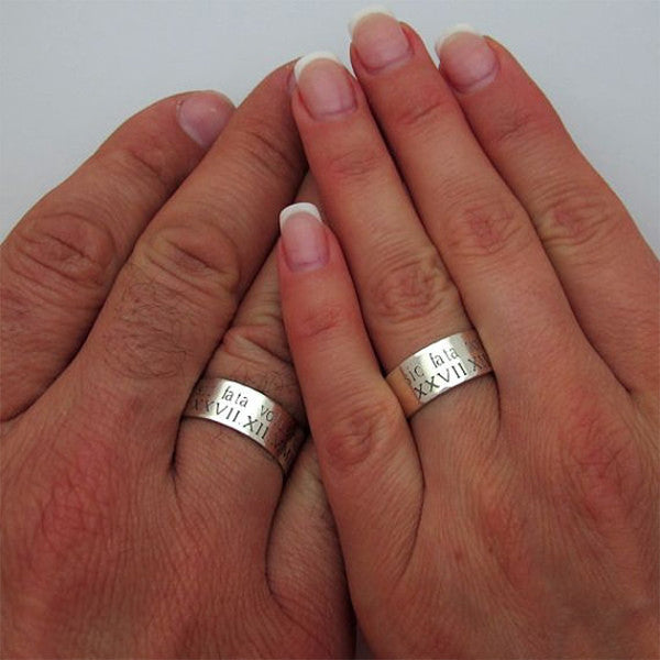 Sound wave engraved band rings set