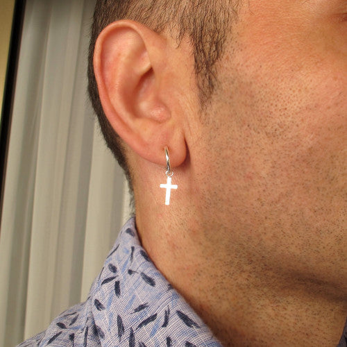 Black Rustic Cross Earrings for Men Oxidized Sterling Silver