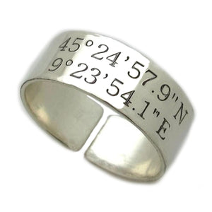 Sterling Silver latitude Ring - Coordinates engraved band