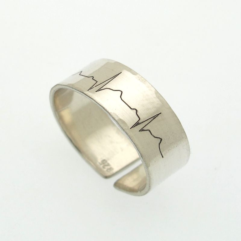 Custom Heartbeat silver ring - Personalized Custom Ekg Ring