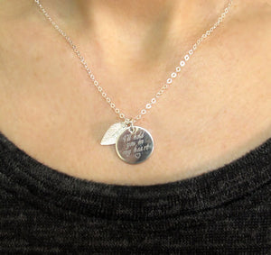 Inspirational Disc Necklace with Leaf charm Custom Coin Pendant