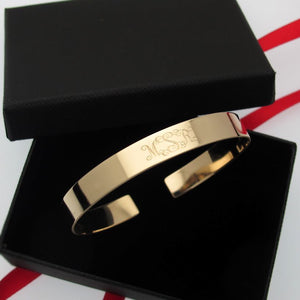 gold monogram engraved cuff bracelet