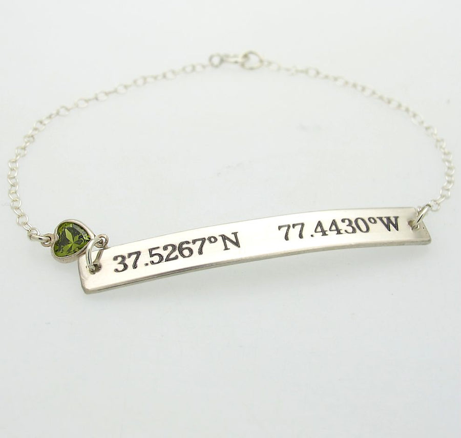 Latitude Longitude Bracelet with small heart - Personalized bracelet for her - crystal heart bracelet