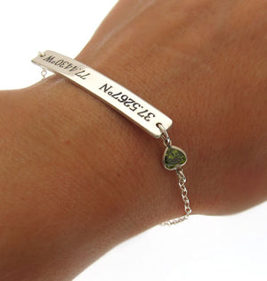 Latitude Longitude Bracelet with small heart - Personalized bracelet for her - crystal heart bracelet