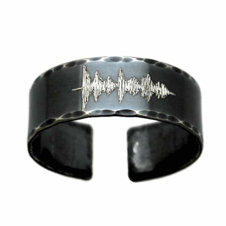 Black band ring with soundwave engraving - voice recording ring