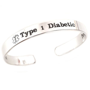 Custom Type 1 Diabetic Bracelet - Medical Alert Silver cuff bracelet