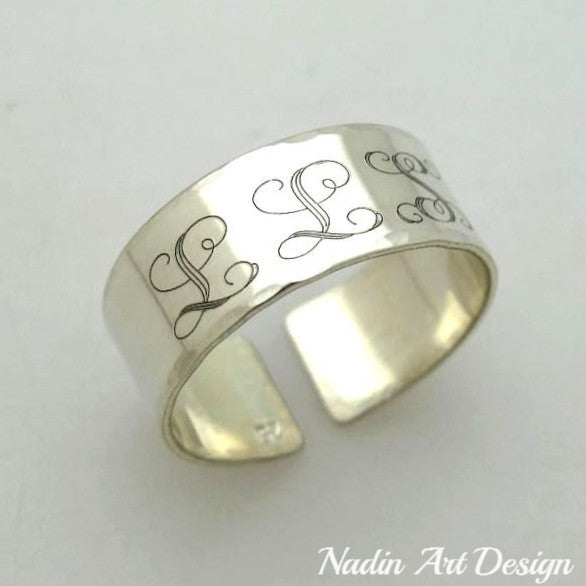 custom monogram silver band ring