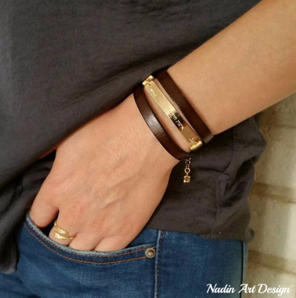 Custom Leather Cuff Bracelet for Women - Special Birthday Gift for Her Gold Filled / Brown