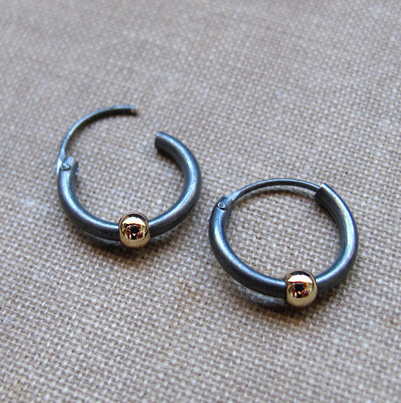 black hoop earrings with gold beads