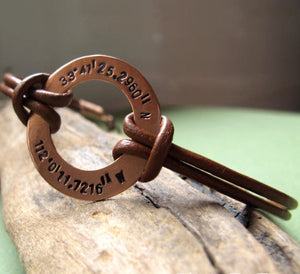 copper washer mens bracelet with latitude engraved coordinates