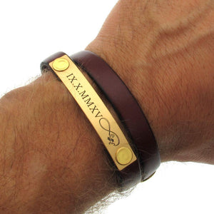 Mens roman numeral date engraved leather bracelet