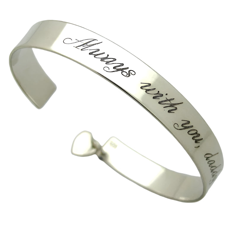 Heart charm engraved silver bracelet