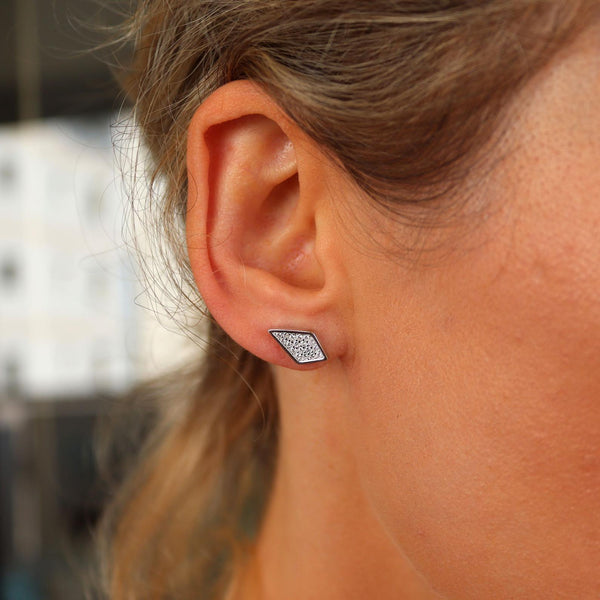 Diamond Shape Sterling Silver Stud Earrings with Crystals Kite Studs