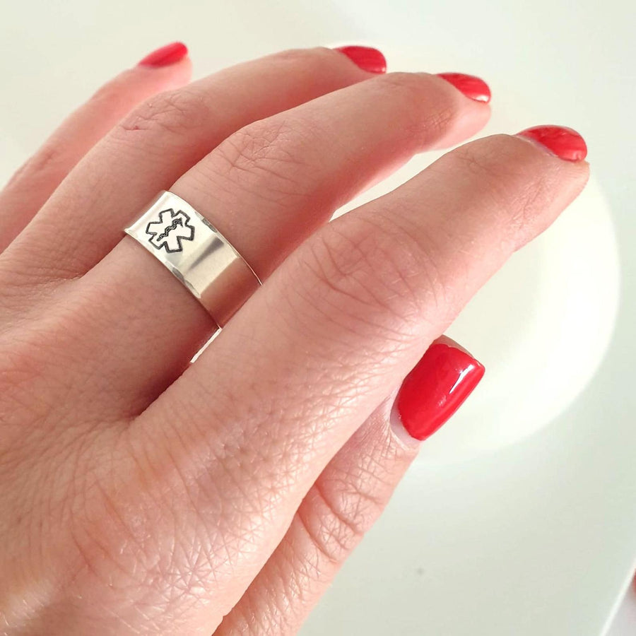 Custom Medical Alert Ring - Sterling Silver Medical Band with Medical Alert Symbol