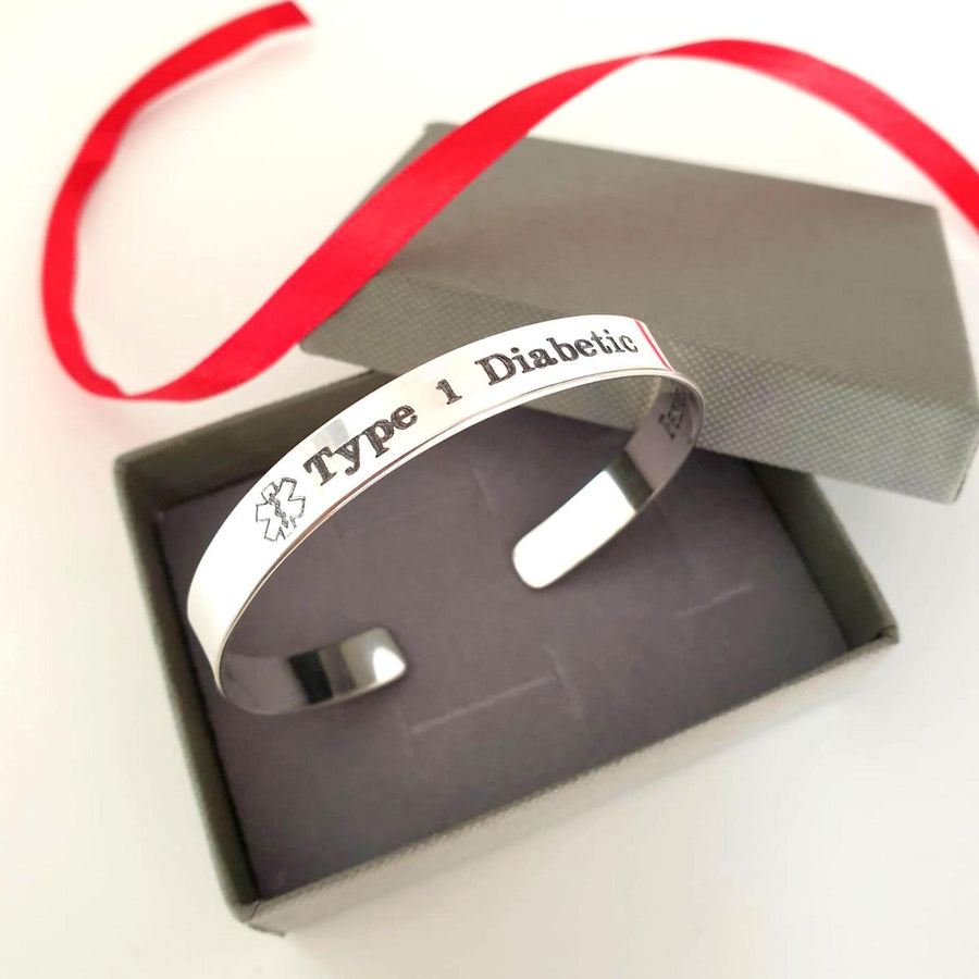 Custom Type 1 Diabetic Bracelet - Medical Alert Silver cuff bracelet
