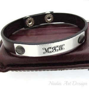 Monogram engraved ID leather cuff