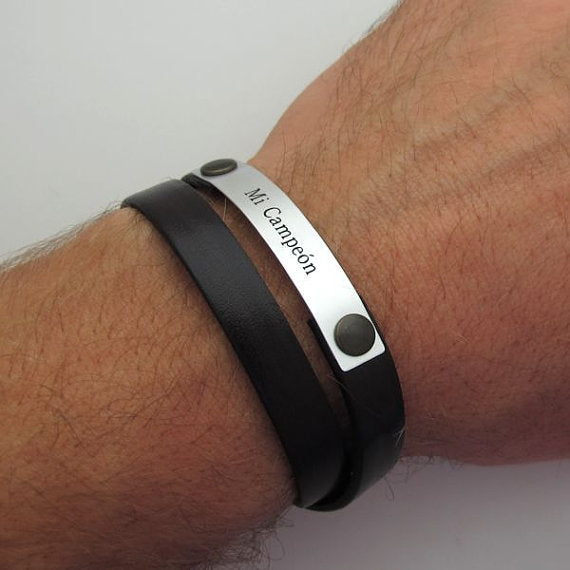 Mens roman numeral date engraved leather bracelet