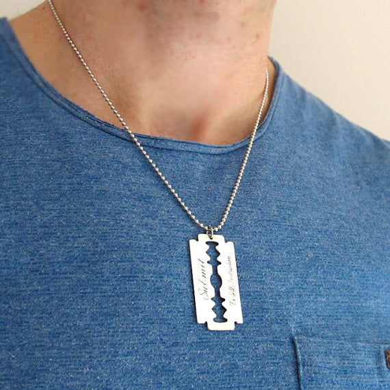 Razor blade pendant engraved