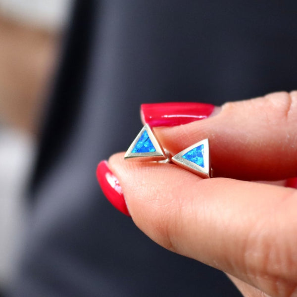 Triangle Stud Earrings with Blue Opal