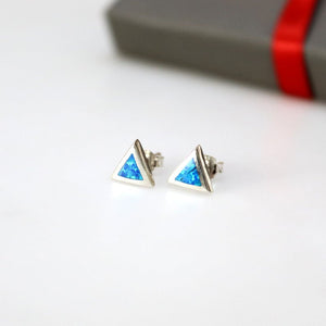 Triangle Stud Earrings with Blue Opal 