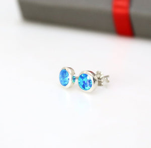 Triangle Stud Earrings with Blue Opal