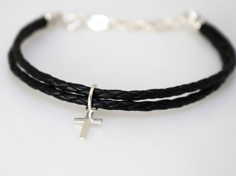 Men Leather Cross Bracelet Silver Cross Bracelet Religious 