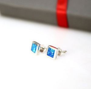Triangle Stud Earrings with Blue Opal