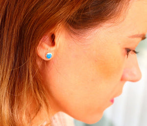Triangle Stud Earrings with Blue Opal