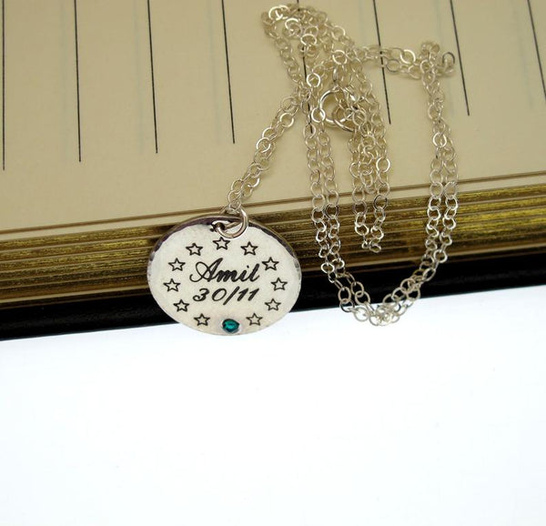 Custom Birthstone Necklace with name, date and stars