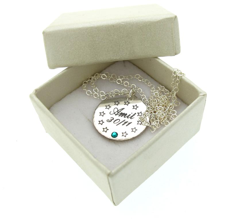 Custom Birthstone Necklace - Name and date engraved pendant