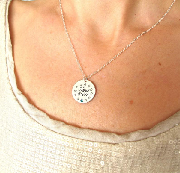 Custom Birthstone Necklace with name, date and stars