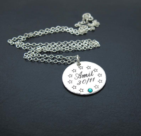 Custom Birthstone Necklace with name, date and stars