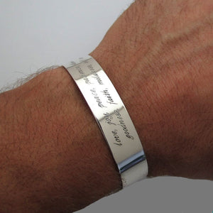 Wide silver quote engraved bracelet - Mens Personalized Cuff bracelet