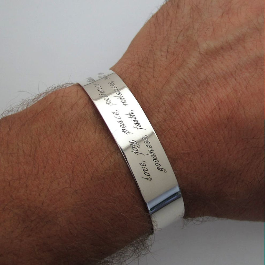 Text engraved silver bracelet