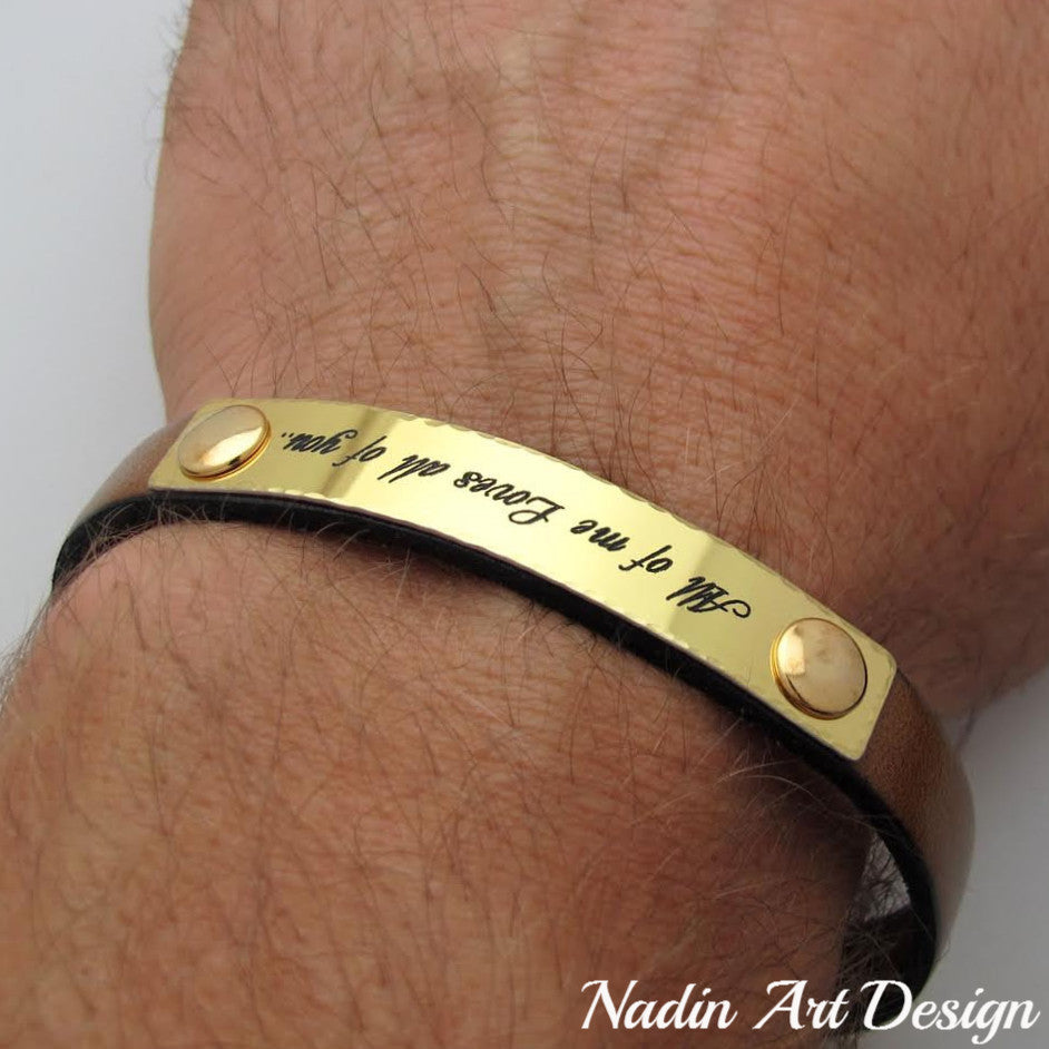 Boyfriend Gift Custom Leather Mens Bracelet Gold Brass Light Brown