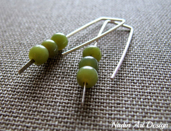 Green beads silver earrings