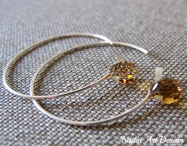 Amber Swarovski Crystal Silver Hoop Earrings
