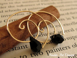 Gold Spiral Earrings & Black crystal