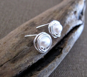 Sterling Silver Wire Swapped Pearl Stud Earrings