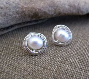 white pearl wrapped stud earrings