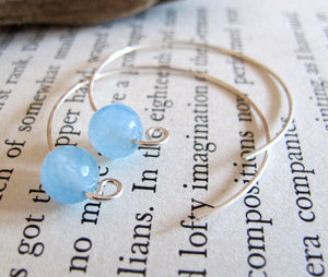 Aquamarine Gem Beads Sterling Silver Hoop Earrings
