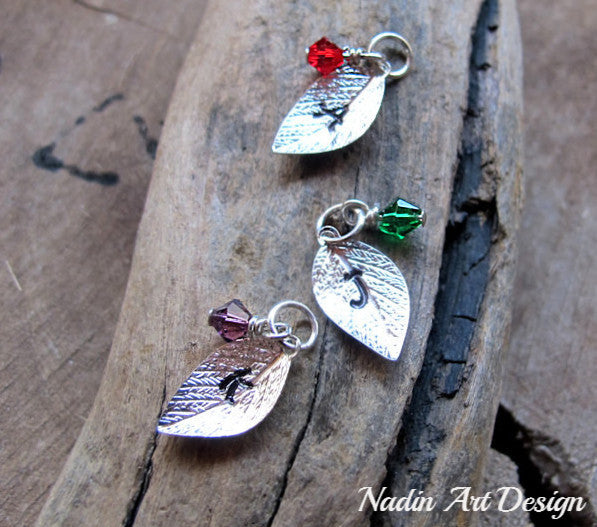 Initial leaf birthstone charm