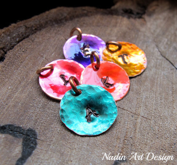 Colorful enameled initial tag charm