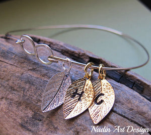 Leaf charms infinity bangle bracelet