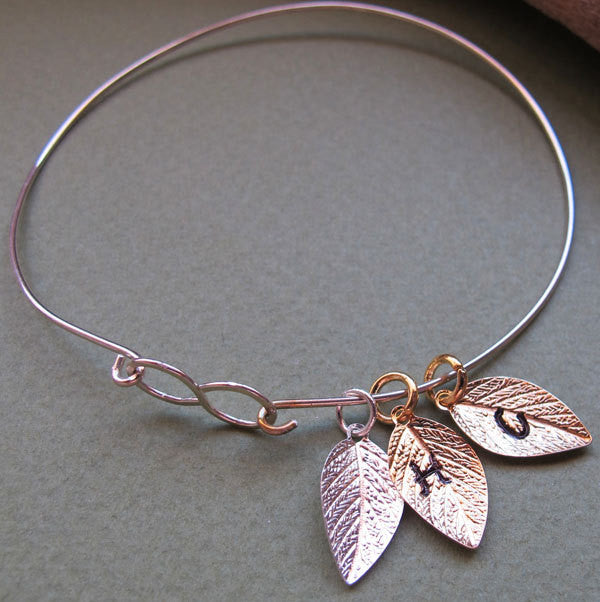 Leaf charms infinity bangle bracelet