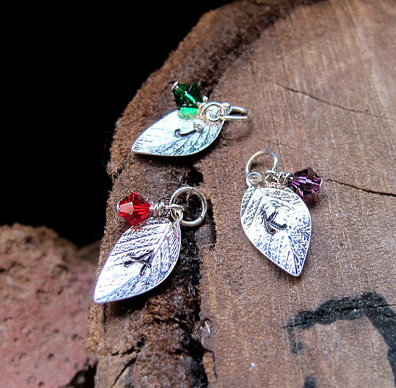Leaf charms with initials and birthstones necklace