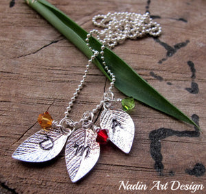 Leaf charms with initials and birthstones necklace