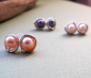 Sterling Silver Wrapped Pearl Stud Earrings