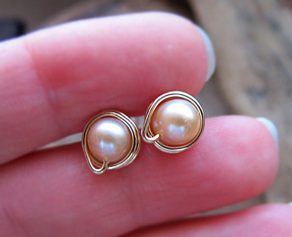 Wire wrapped pearl stud earrings